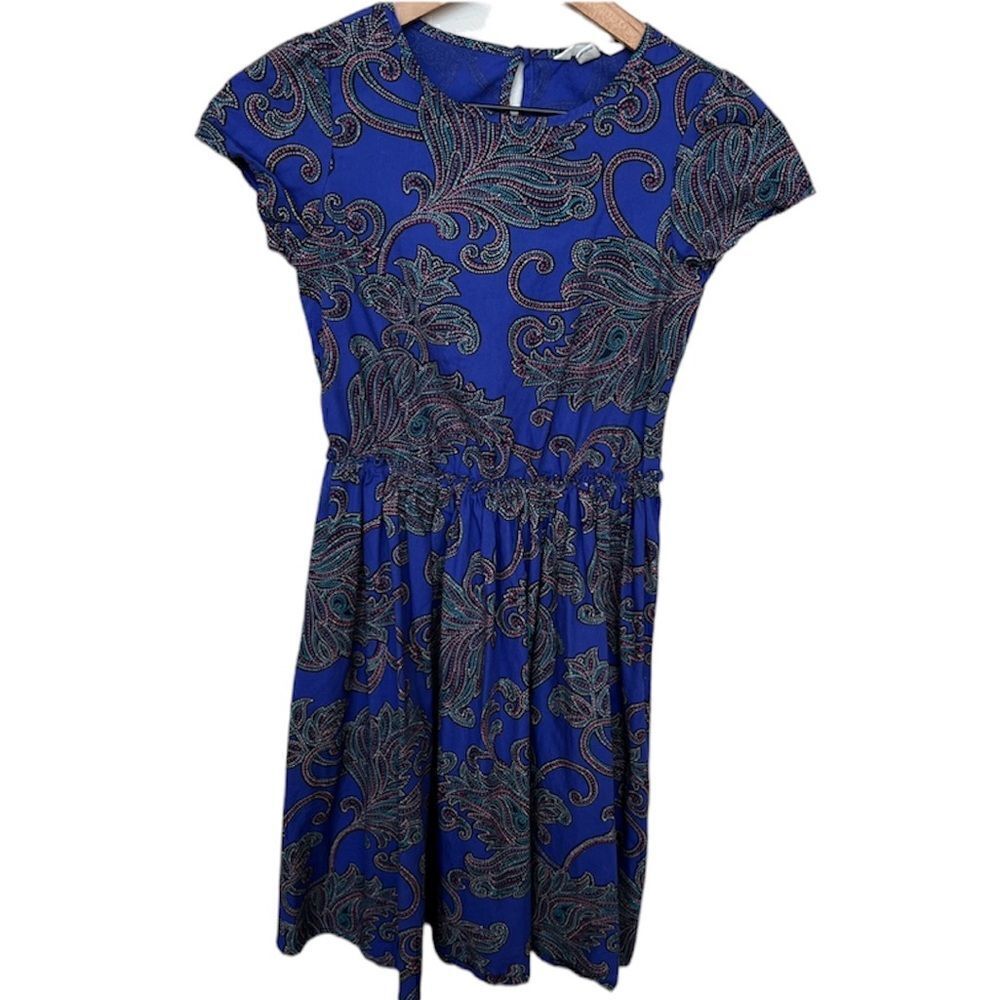 Lands’ End Kids Paisley Short Sleeve Dress Girls Size 10 Bright Blue Purple